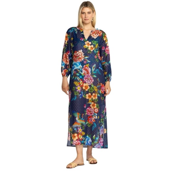 JOHNNY WAS Ocean Dreamer Puff Sleeve Maxi Cover Up Silk Blend NEW - Picture 1 of 10